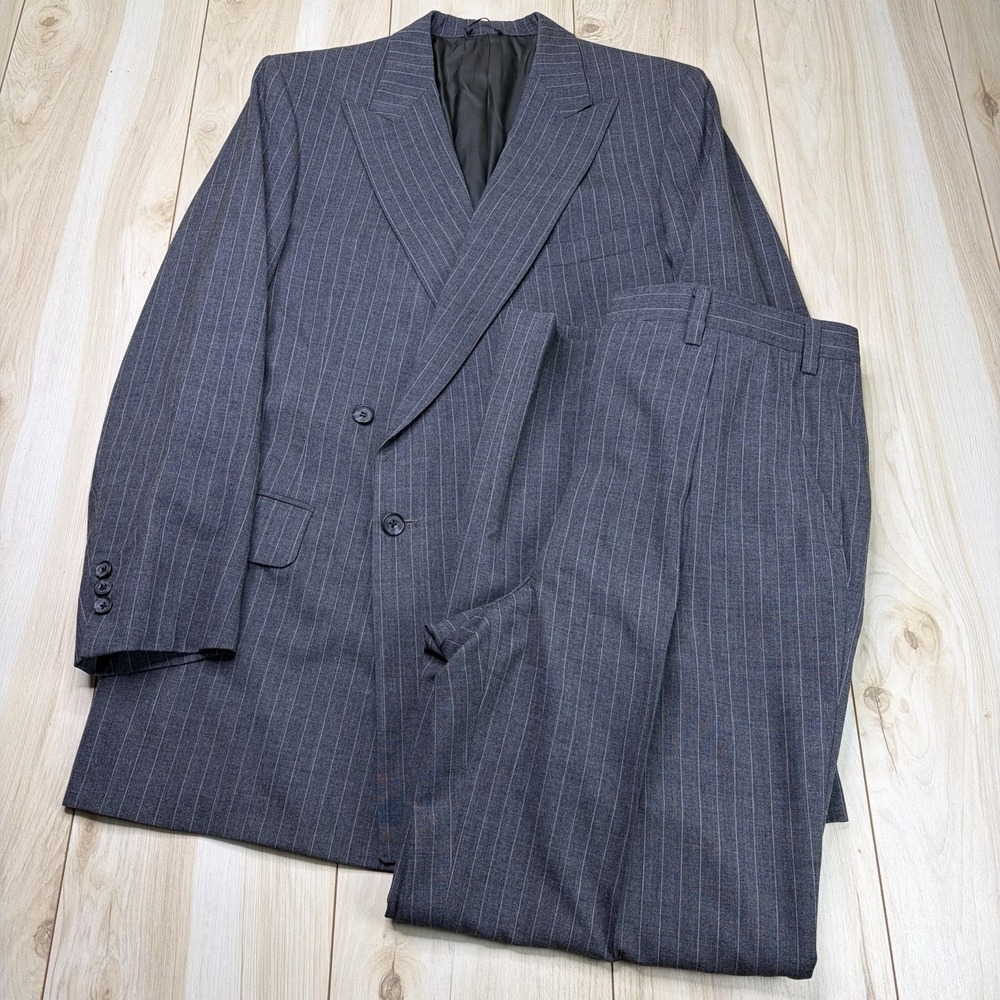 VTG Double Breasted Striped Gray Wool Suit Mens 40L 36x31